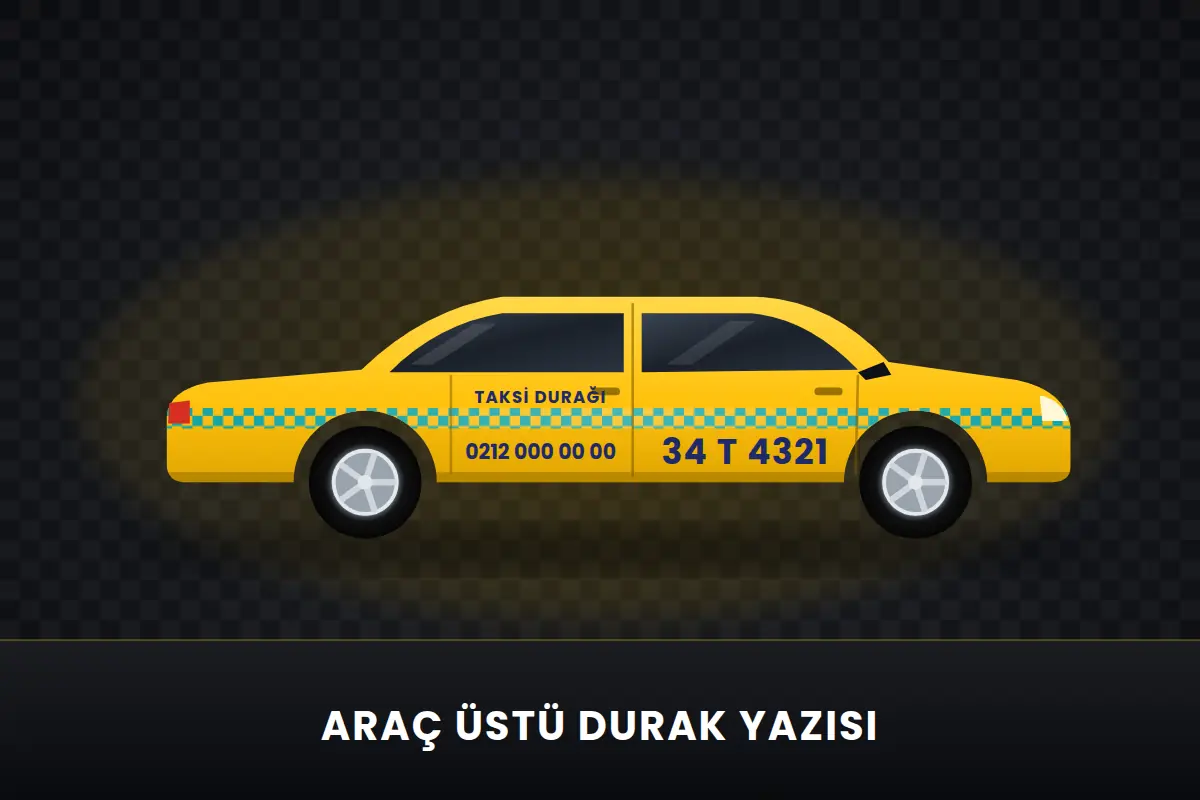 Sarı taksi kapısında taksi durağı adı ve telefon yazısı