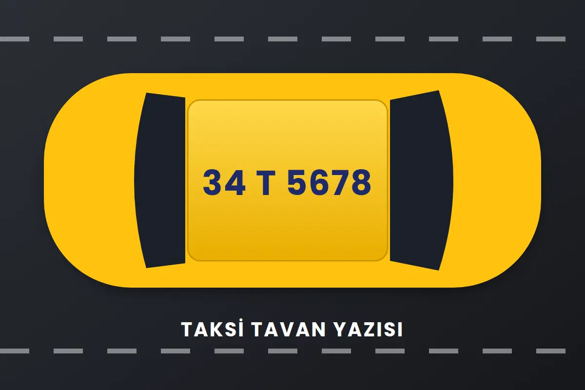 Sarı taksi tavanına uygulanmış lacivert plaka yazısı